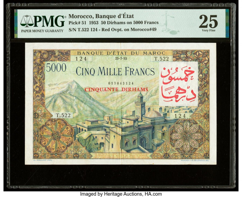 Morocco Banque d'Etat du Maroc 50 Dirhams on 5000 Francs 23.7.1953 Pick 51 PMG V...