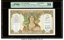 New Caledonia Banque de l'Indochine, Noumea 100 Francs ND (1953) Pick 42cs Specimen PMG Choice About Unc 58. A roulette Specimen punch is present on t...