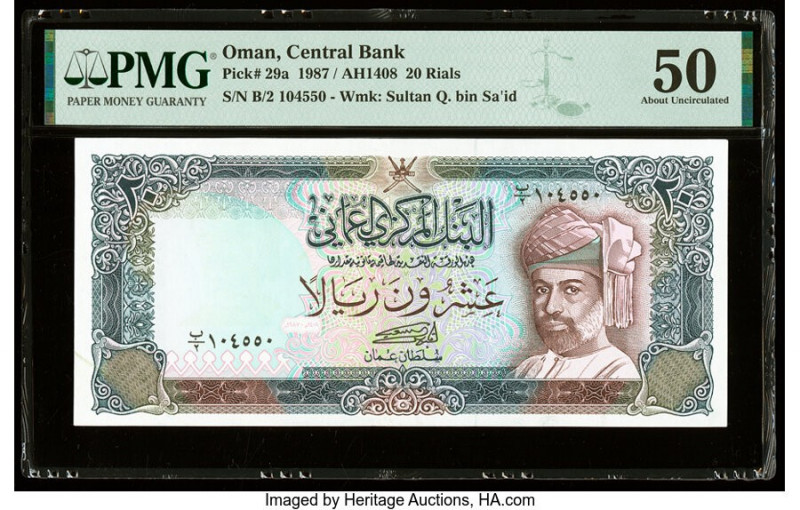 Oman Central Bank of Oman 20 Rials 1987 / AH1408 Pick 29a PMG About Uncirculated...