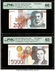 Slovenia Banka Slovenije 200; 5000 Tolarjev 8.10.1997 Pick 15bs; 21bs Two Specimen PMG Gem Uncirculated 66 EPQ; Gem Uncirculated 65 EPQ. Red overprint...