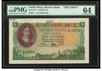 South Africa South African Reserve Bank 5 Pounds 2.4.1952 Pick 97s Specimen PMG Choice Uncirculated 64. A roulette Specimen punch and printer's annota...