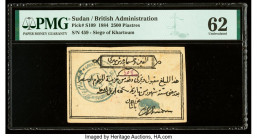 Sudan Siege of Khartoum 2500 Piastres 1884 Pick S109 PMG Uncirculated 62. Minor stains and paper layer separation are noted on this example. 

HID0980...