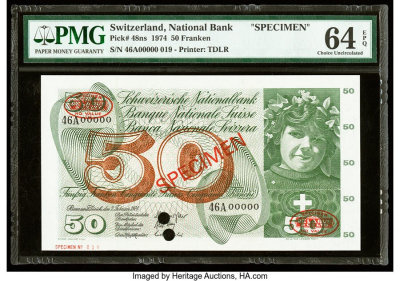 Switzerland National Bank 50 Franken 7.2.1974 Pick 48ns Specimen PMG Choice Unci...