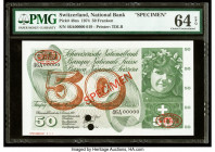 Switzerland National Bank 50 Franken 7.2.1974 Pick 48ns Specimen PMG Choice Uncirculated 64 EPQ. Red Specimen & TDLR overprints and two POCs are prese...