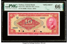 Turkey Central Bank 10 Lira 1930 (ND 1947) Pick 147s Specimen PMG Gem Uncirculated 66 EPQ. Specimen overprints and four POCs are present on this examp...