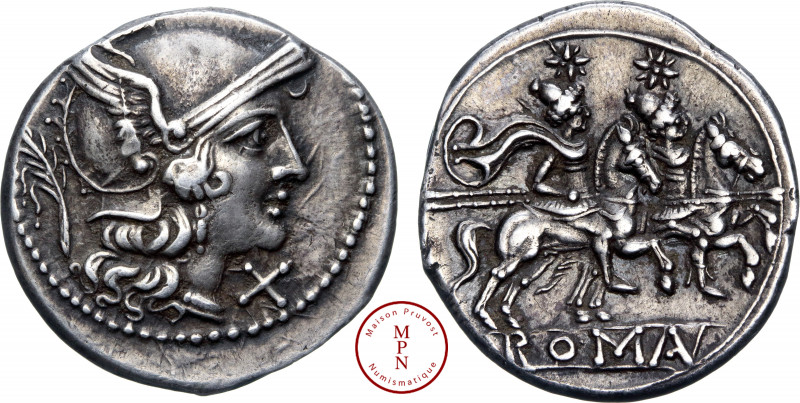 Anonyme, Denier, 211-150 avant J.-C., Rome, Av. Tête casquée de Rome à droite, l...