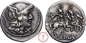 Anonyme, Denier, 211-150 avant J.-C., Rome, Av. Tête casquée de Rome à droite, le casque ailé, avec devant un X et derrière une palme, Rv. Les Dioscur...
