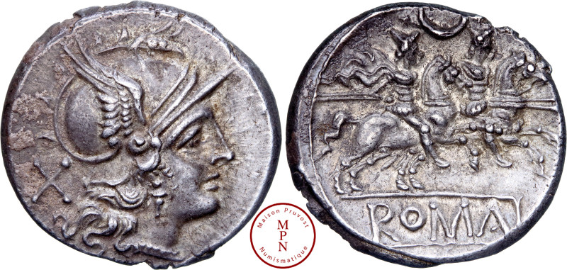 Anonyme, Denier, 207 avant J.-C., Rome, Av. Tête casquée de Rome à droite, le ca...