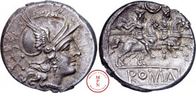 Anonyme, Denier, 207 avant J.-C., Rome, Av. Tête casquée de Rome à droite, le casque ailé, un X derrière, Rv. Les Dioscures au galop à droite, un croi...