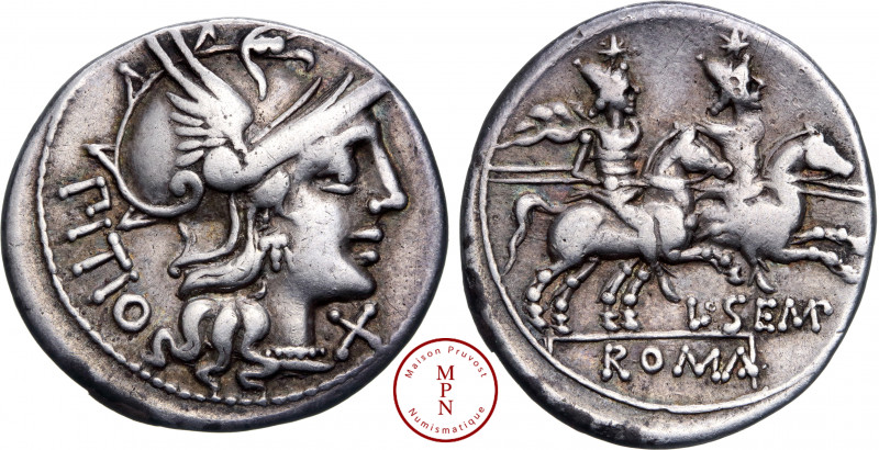 Sempronia, L. Sempronius Pitio, Denier, 148 avant J.-C., Rome, Av. PITIO,Tête ca...