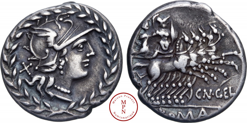 Gellia, Cn. Gellius, Denier, 138 avant J.-C., Rome, Av. Tête casquée de Rome à d...