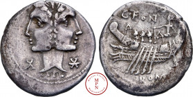 Fonteia, C. Fonteius, Denier, 114-113 avant J.-C., Rome, Av. Tête Janiforme des Dioscures, un X à gauche et une étoile à droite, Rv. C.FON / ROMA, Gal...