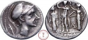Cornelia, Cn. Cornelius Blasio, Denier, 112-111 avant J.-C., Rome, Av. BLASIO CN F, Tête casquée de Mars à droite, derrière une palme, Rv. Jupiter deb...