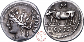 Cassia, L. Cassius Caecianus, Denier, 102 avant J.-C., Rome, Av. CÆICIAN, Tête de Cérès à gauche, coiffé d'épis de blés, Rv. L. CASSI, Deux bœufs à ga...