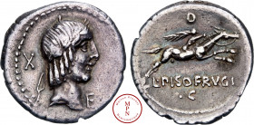 Calpurnia, L. Calpurnius Piso Frugi, Denier, 90 avant J.-C., Rome, Av. Tête laurée d'Apollon à droite, derrière un X et au niveau du menton un F, Rv. ...