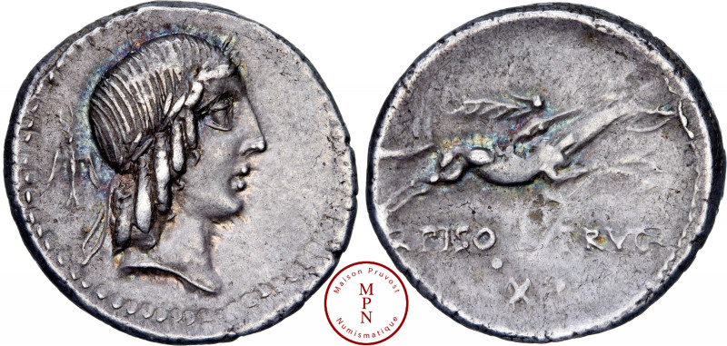Calpurnia, L. Calpurnius Piso Frugi, Denier, 90 avant J.-C., Rome, Av. Tête laur...