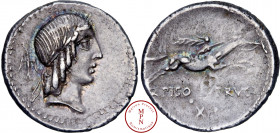 Calpurnia, L. Calpurnius Piso Frugi, Denier, 90 avant J.-C., Rome, Av. Tête laurée d'Apollon à droite, derrière un oiseau vu du dessus, tenant une cou...