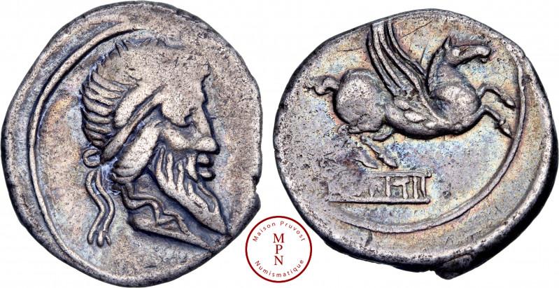 Titia, Q. Titius, Denier, 90 avant J.-C., Rome, Av. Tête de Mutinus Titinus (Pri...