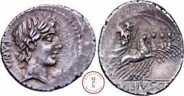 Vibia, C. Vibius, Denier, 90 avant J.-C., Rome, Av. Tête laurée d'Apollon à droite, Rv. C. VIBIVS. C. F, Minerve debout dans un quadrige à droite, Arg...