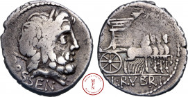 Rubria, L. Rubrius Dossenus, Denier, 87 avant J.-C., Rome, Av. DOSSEN, Tête laurée de Jupiter à droite avec un sceptre sur l'épaule, Rv. L.RVBRI, Quad...