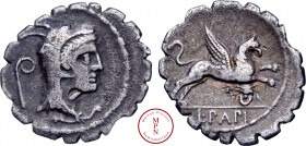 Papia, L. Papius, Denier serratus, 79 avant J.-C., Rome, Av. Tête de Junon Sospita à droite, une crosse derrière-elle, Rv. Griffon sautant à droite, d...