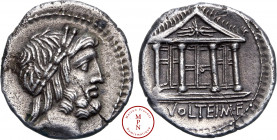 Volteia, M. Volteius, Denier, 75 avant J.-C., Rome, Av. Tête laurée de Jupiter à droite, Rv. M. VOLTEI. M. F., Temple de Jupiter Capitolin, de front, ...