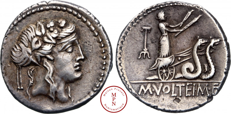 Volteia, M. Volteius, Denier, 75 avant J.-C., Rome, Av. Tête de Bacchus à droite...