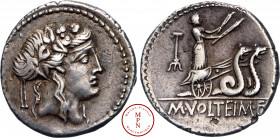 Volteia, M. Volteius, Denier, 75 avant J.-C., Rome, Av. Tête de Bacchus à droite, ceint d'une couronne de lierre, Rv. M. VOLTEI. M . F., Cérès tenant ...