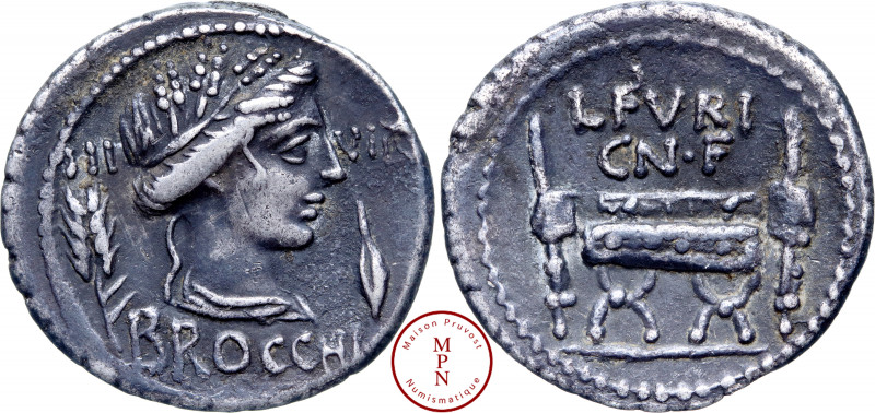 Furia, L. Furius Brocchus, Denier, 63 avant J.-C., Rome, Av. BROCCHI / III / VIR...
