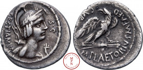 Plaetoria, M. Plaetorius M.f. Cestianus, Denier, 57 avant J.-C., Rome, Av. CESTIANVS S, Buste casqué et drapé de Vacuna à droite, portant un carquois ...