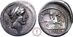 Marcius, L. Marcius Philippus, Denier, 56 avant J.-C., Rome, Av. Tête diadémée d'Ancus Marcius à droite, avec derrière une crosse et dessous l'inscrip...