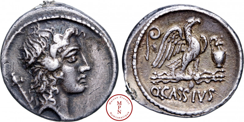 Cassia, Q. Cassius, Denier, 55 avant J.-C., Rome, Av. Tête de Bonus Eventus à dr...