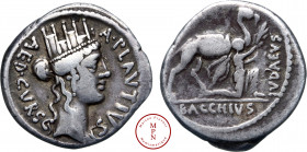 Plautia, A. Plautius Hypsaeus, Édile Curule, Denier, 55 avant J.-C., Rome, Av. A. PLAVTIVS AED. CVR. S. C, Tête tourelée de Cybèle à droite, Rv. IVDAE...