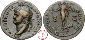 Néron (54-68), Dupondius, 66, Lyon (Lugdunum), Av. IMP NERO CAESAR AVG P MAX TR POT P P, Tête laurée à gauche, un globe sous le buste, Rv. VICTORIA AV...