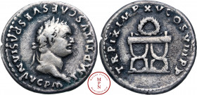 Titus (79-81), Denier, 80, Rome, Av. IMP TITVS CAES VESPASIAN AVG P M, Tête laurée à droite, Rv. TR P IX IMP XV COS VIII P P, Une couronne sur une cha...