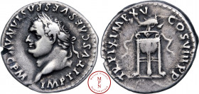 Titus (79-81), Denier, 80, Rome, Av. IMP TITVS CAES VESPASIAN AVG P M, Tête laurée à gauche, Rv. TR P IX IMP XV COS VIII P P, Trépied décoré de rubans...