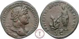 Hadrien (117-138), Sesterce, 122-125, Rome, Av. IMP CAESAR TRAIANVS HADRIANVS AVG P M TR P COS III, Buste laurée à droite, un voile sur l'épaule gauch...