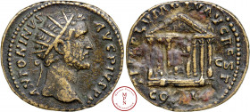 Antonin le Pieux (138-161), Dupondius, 158-159, Rome, Av. ANTONINVS AVG PIVS P P, Tête radiée à droite, Rv. TEMPLVM DIV AVG REST / COS IIII, Temple av...