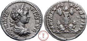 Caracalla (198-217), Denier, 201, Rome, Av. ANTONINVS PIVS AVG, Buste lauré, drapé et cuirassé à droite, Rv. PART MAX PONT TR P IIII, Deux esclaves pa...