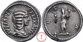Julia Domna (193-217), Denier, 213, Rome, Av. IVLIA PIA FELIX AVG, Buste voilé à droite, Rv. VESTA, Vesta debout à gauche, tenant le Palladium et un s...