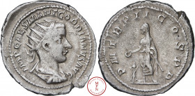Gordien III (238-244), Antoninien, 239, Rome, Av. IMP CAES MANT GORDIANVS AVG, Buste radié, drapé et cuirassé à droite, Rv. P M TR P II COS P P, l'Emp...