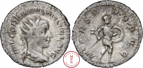 Gordien III (238-244), Antoninien, 238-244, Rome, Av. IMP GORDIANV PIVS FEL AVG, Buste radié, drapé et cuirassé à droite, Rv. MARS PROPVG, Mars marcha...