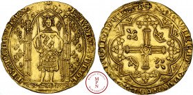 Charles V (1364-1380), Franc à pied, -195285 Av. KAROLVS* DI* GR - FRANCORV* REX, Le Roi couronné debout de face sous un dais, vêtu en chevalier, tena...