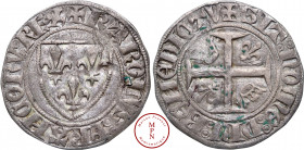 Charles VI (1380-1422), Blanc dit « guénar », 20/10/1411, Paris, Av. + KAROLVS: FRANCORV: REX, Écu de France, Rv. + SIT: NOME: DNI: BENEDICTV, Croix p...