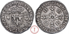 Henri II (1547-1559), Douzain aux croissants, 1552, H, La Rochelle, Av. + HENRICVS. 2. D. G. FRANCORVM. REX (lion), Ecu couronné de France accosté de ...