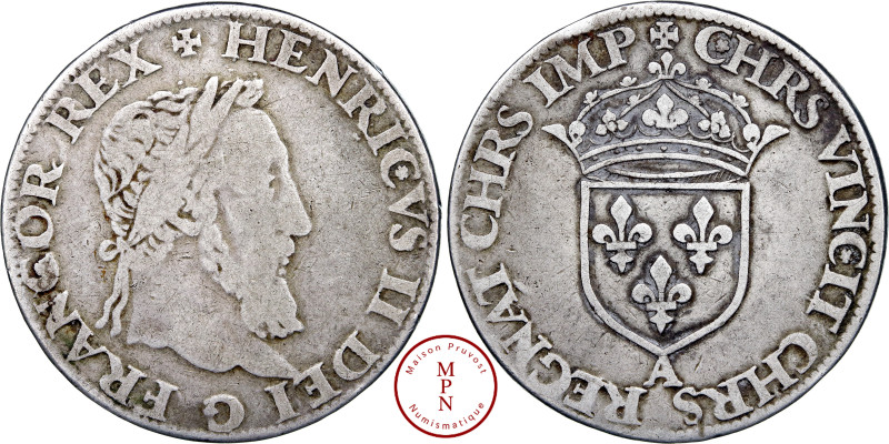 Henri II (1547-1559), Teston à la tête laurée à droite, au moulin, Paris, Moulin...