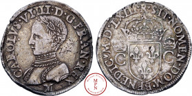 Charles IX (1560-1574), Teston, 2e type, 1563, M, Toulouse, Av. CAROLVS. VIIII. D. G. FRAN. REX. M, Buste lauré et cuirassé à gauche, Rv. R. SIT. NOME...