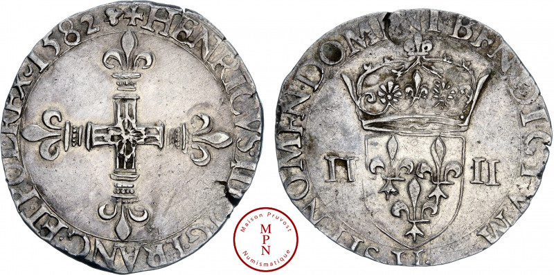 Henri III (1574-1589), Quart d'écu, Croix de face, 1582, H, La Rochelle, Av. + H...