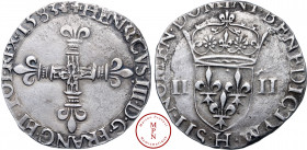 Henri III (1574-1589), Quart d'écu, Croix de face, 1583, H, La Rochelle, Av. + HENRICVS. III. D. G. FRANC. ET. POL. REX (Différent) 1583 (Différent), ...