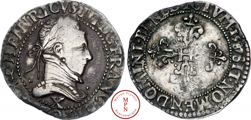 Henri III (1574-1589), Demi-Franc au col plat, 1587, X, Amiens, Av. HENNRICVS. I...